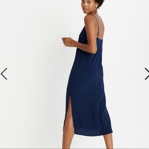 madewell blue silk side split slip dress